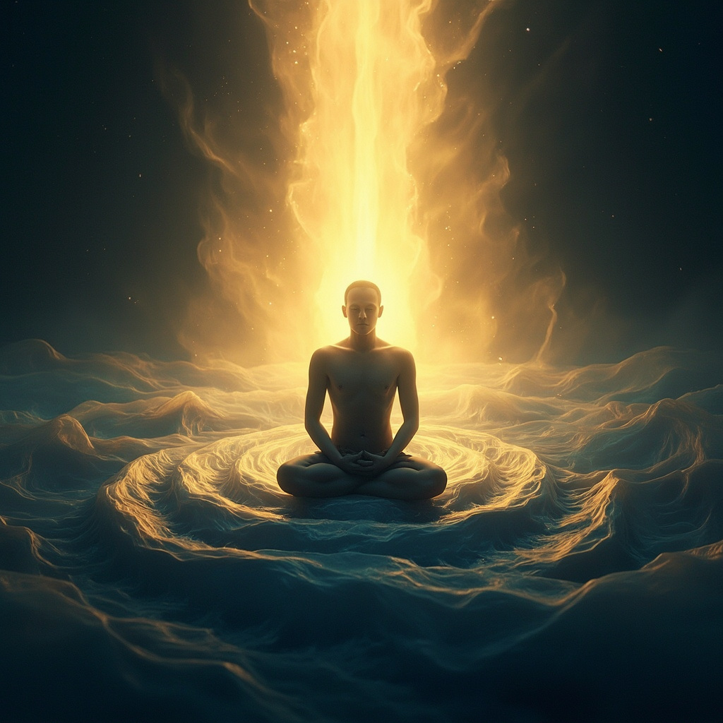 A serene, abstract representation of a calm inner light glowing from the center of a human silhouette, surrounded by soft, balanced energy waves in shades of deep blue and warm gold.