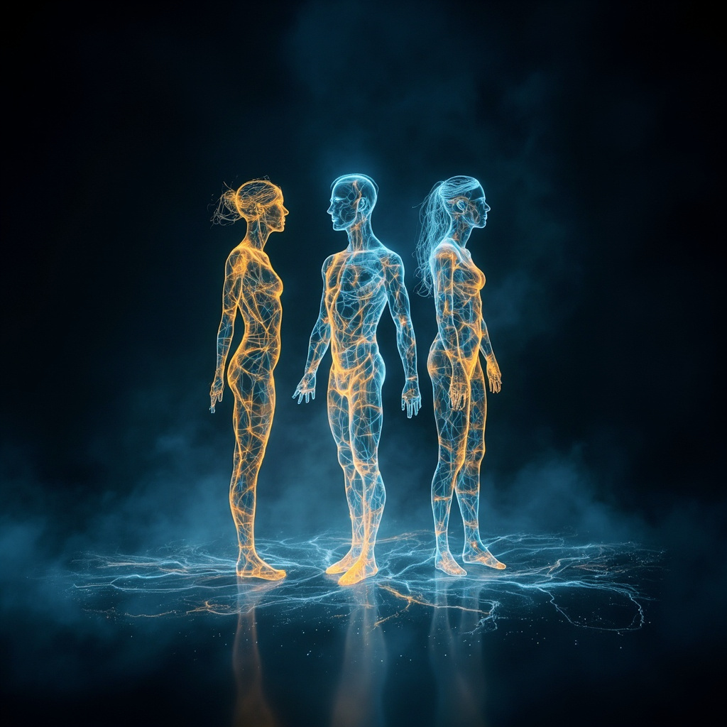 A serene, abstract representation of human silhouettes with soft, glowing electrical currents flowing through them in calming blue and gold hues, symbolizing internal harmony and balance.