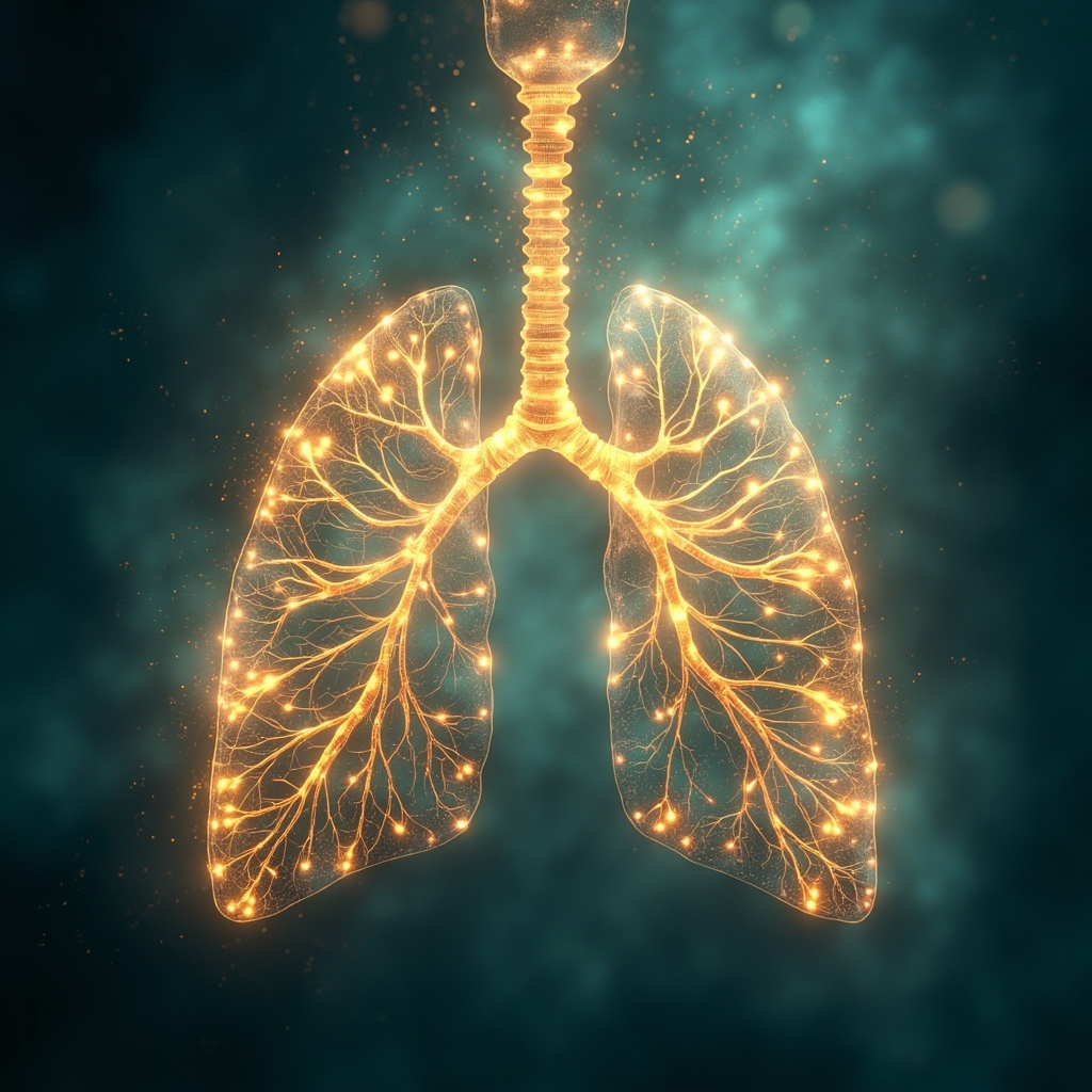 A serene, abstract representation of light diffusing through human lung structures, blending organic bronchial patterns with soft, glowing energy fields in shades of teal and gold.
