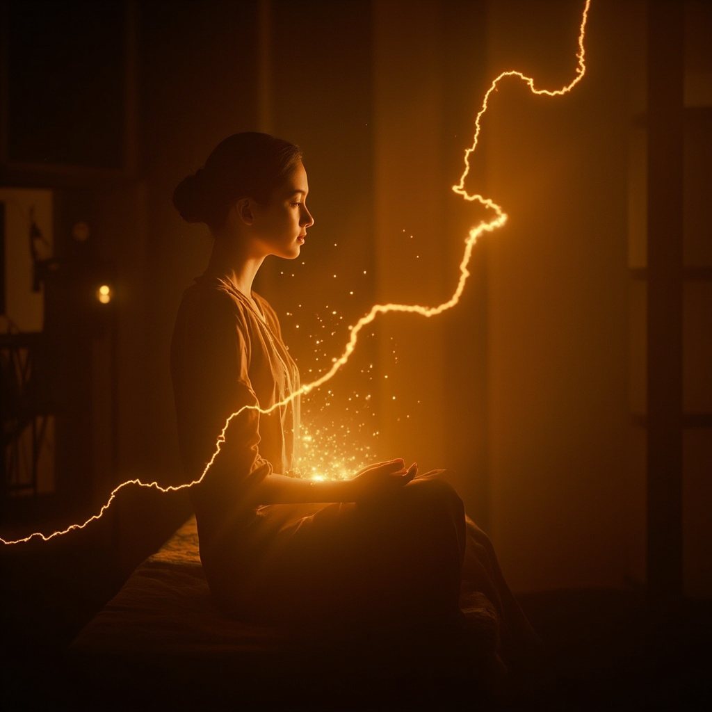 A serene, artistic representation of a person sitting in a cozy, dimly lit room, with soft, golden, glowing electrical lines gently surrounding them, symbolizing inner harmony and balance.