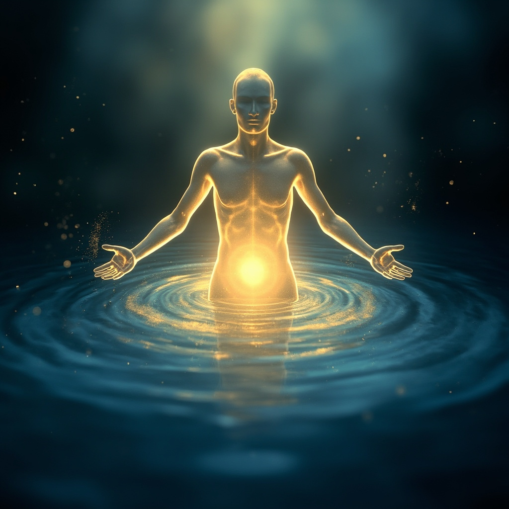 A serene, abstract representation of a calm, glowing light centered in the body, symbolizing balance and inner strength, soft blue and golden tones.