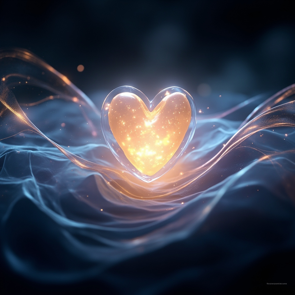 A serene, abstract representation of a glowing, harmonious heart surrounded by soft, flowing light waves, symbolizing electrical balance and inner peace.