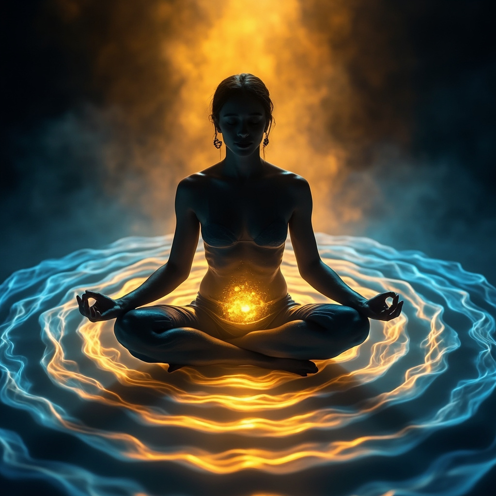 A serene, abstract representation of a person sitting in a meditative posture with soft, glowing golden and blue light waves emanating from their center, symbolizing grounding and emotional balance.