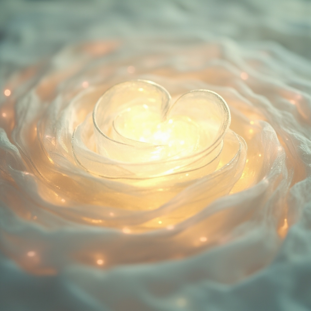 A soft, abstract representation of a glowing, radiant heart center with gentle waves of light expanding outward, symbolizing inner peace and rhythmic harmony, in a calming, minimalist style.