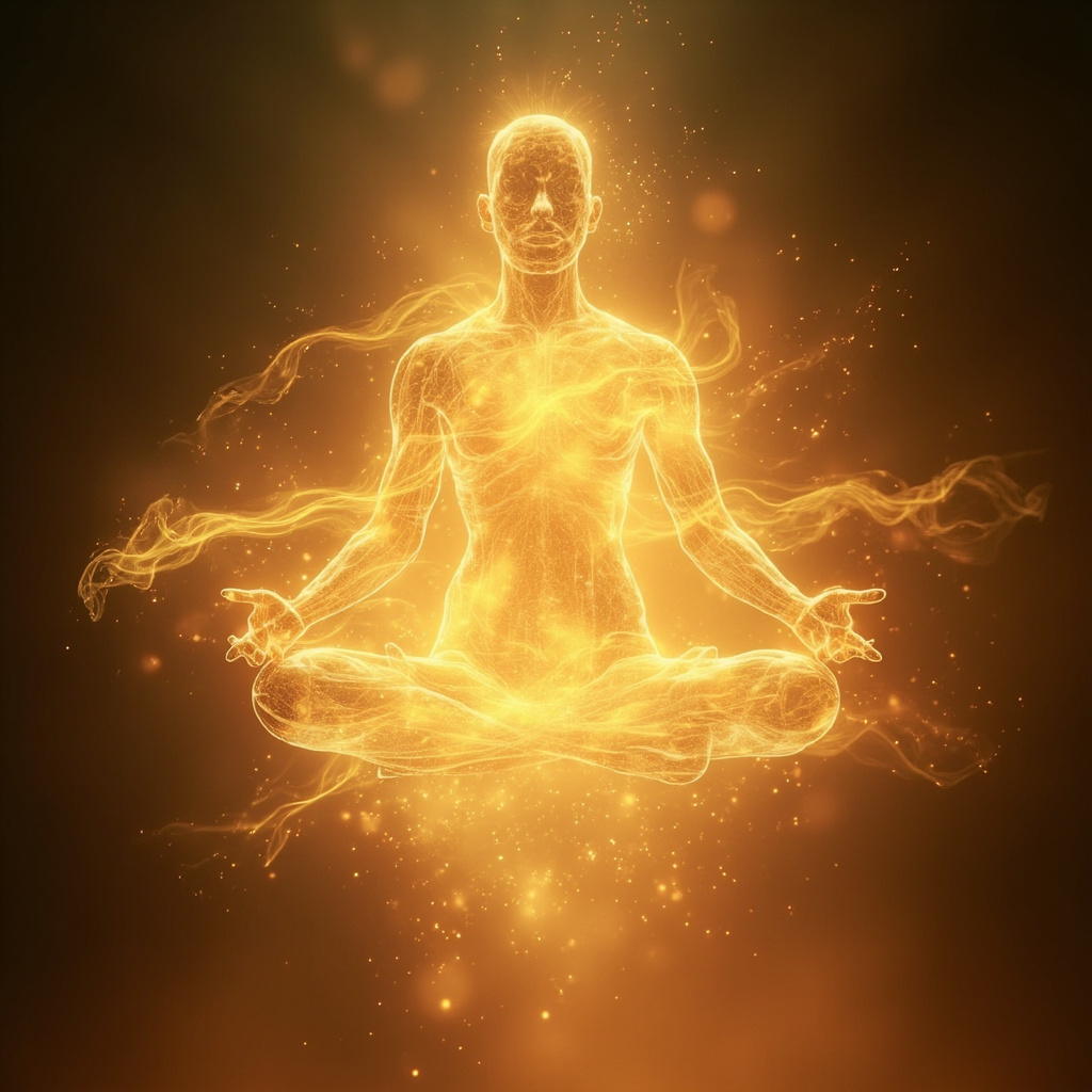 A serene, abstract representation of a human silhouette with soft, glowing light patterns flowing through the nervous system, symbolizing the connection between emotion and physical skin health.