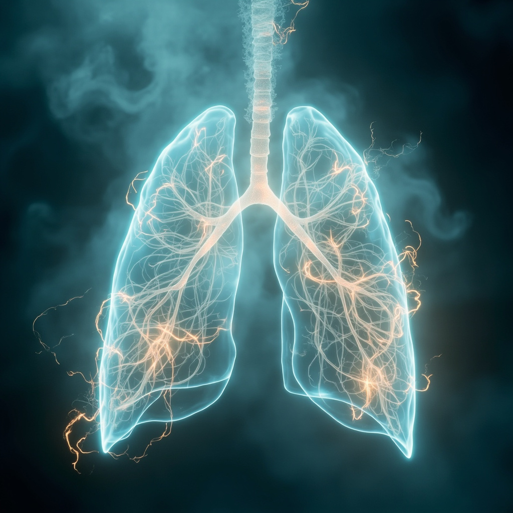 A serene, abstract artistic representation of human lung structures merging with soft, flowing light patterns, symbolizing the connection between breath, energy, and emotional release, in a calming palette of soft blues, teals, and warm whites.