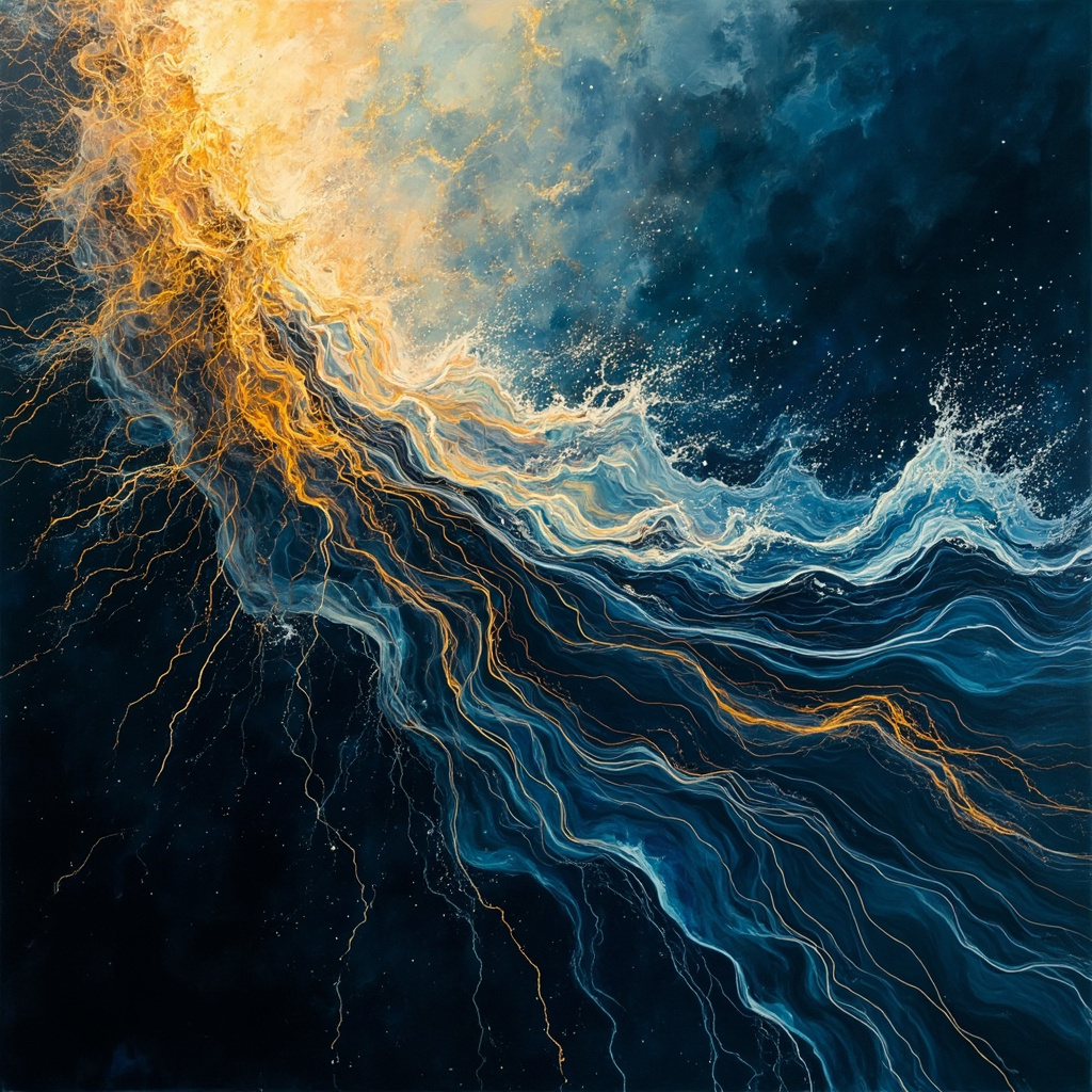 A serene, abstract representation of flowing light waves transitioning from chaotic jagged lines into smooth, rhythmic, calm waves in deep blue and soft gold tones.
