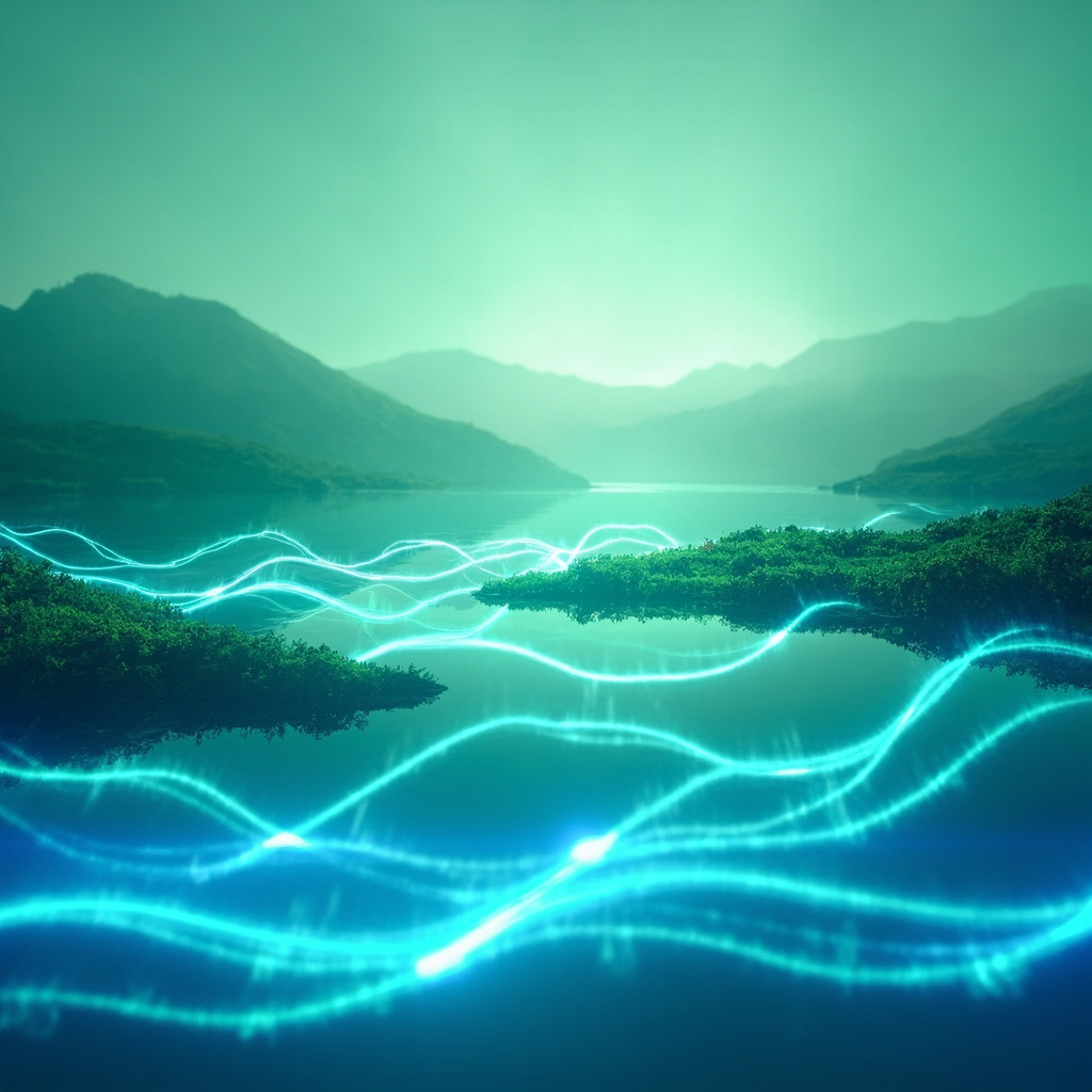 A serene, abstract representation of flowing electrical energy waves transitioning into a calm, clear landscape, soft blue and green tones, high quality, meditative atmosphere.