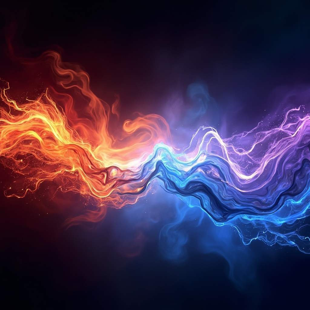 A calming, abstract representation of gentle, flowing light waves transitioning from a chaotic red and orange structure into a smooth, serene blue and violet harmonic pattern.