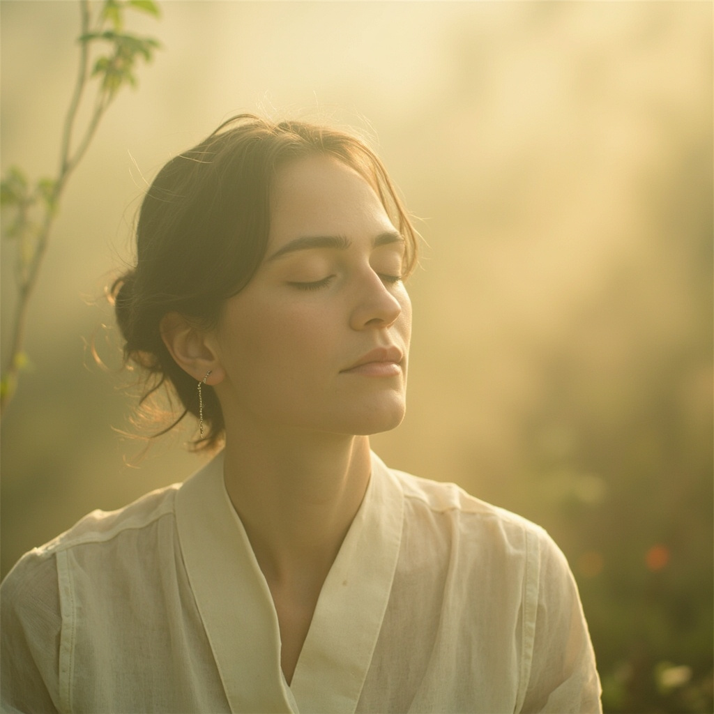 A soothing, minimalist image of a person finding calm in a peaceful, natural environment, with soft light and gentle textures representing skin health and inner balance.