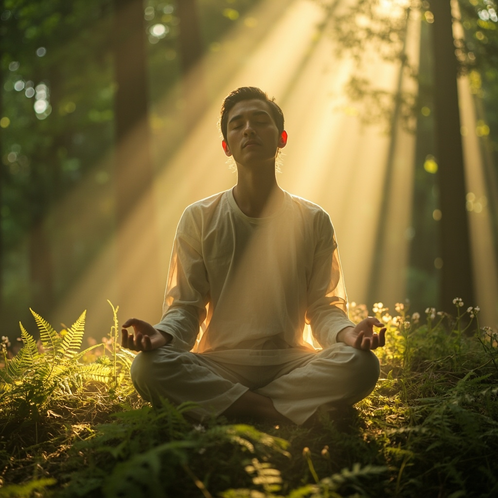 A calming, ethereal image of a person sitting in a serene, nature-filled space with soft light, representing the harmony between the body and mind.