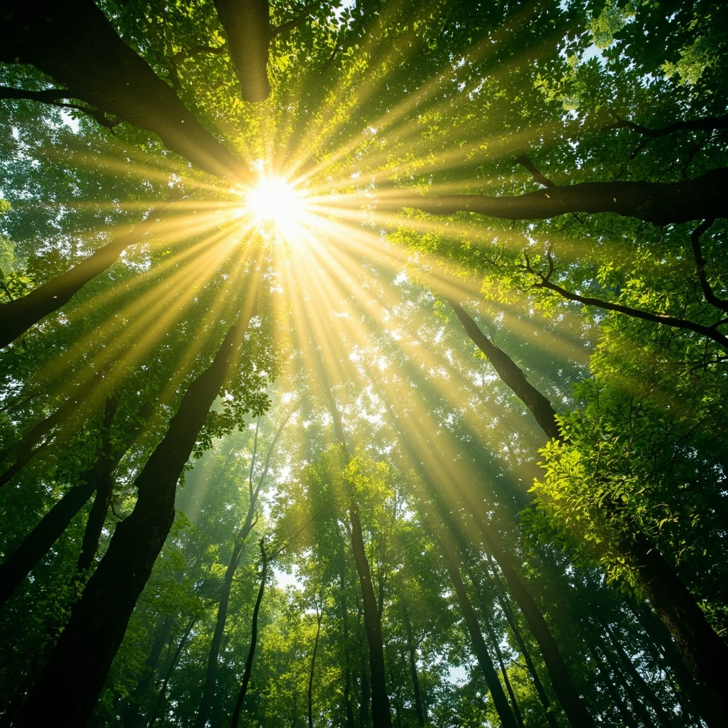 A high-quality, serene image of a calm forest canopy with soft, golden light filtering through, representing internal balance and clarity.