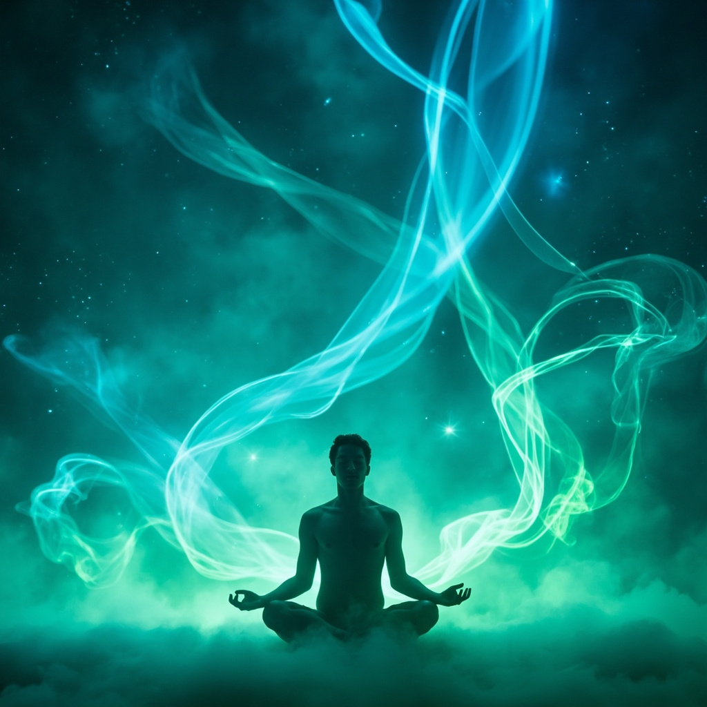 A serene, abstract visual representing the harmony between nature and human energy, featuring soft blue and green light frequencies flowing gently around a calm, meditating figure.