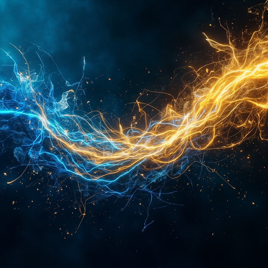 A high-quality, calm, abstract digital art piece representing golden light waves harmonizing chaotic, jagged blue lines, signifying the transition from mental clutter to inner peace.