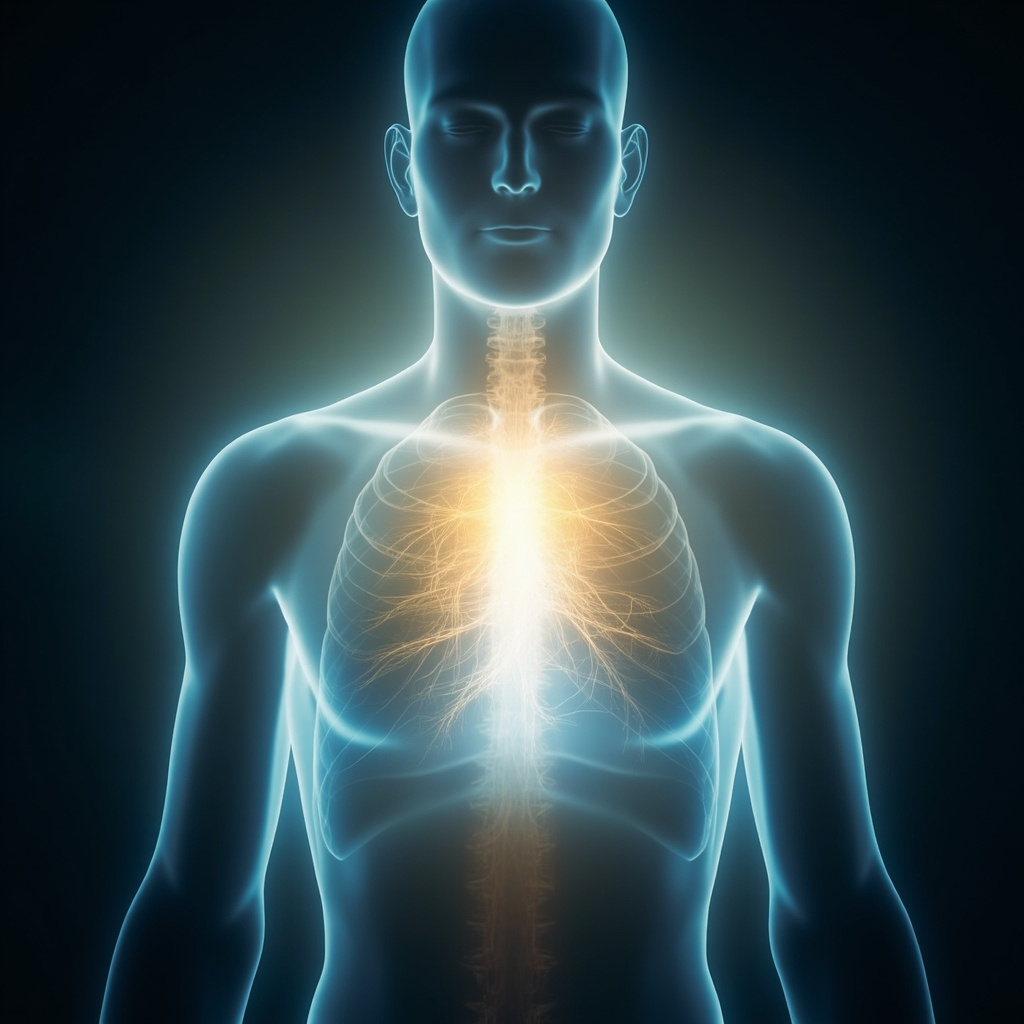 A calming, ethereal image of the human chest area glowing with soft light, representing the mediastinum and energy flow.