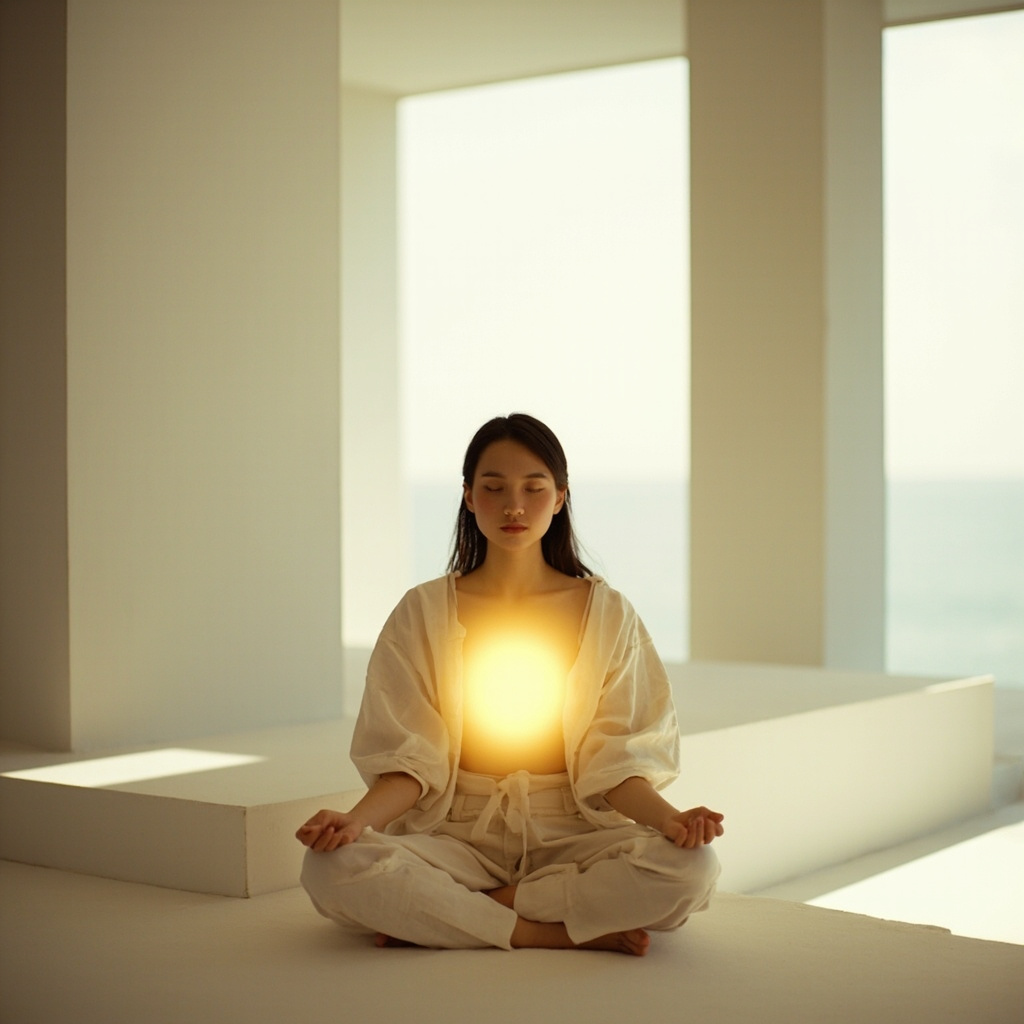 A high-quality, calming image of a person sitting in a peaceful, modern, minimalist space, with soft glowing light representing internal harmony and balance.
