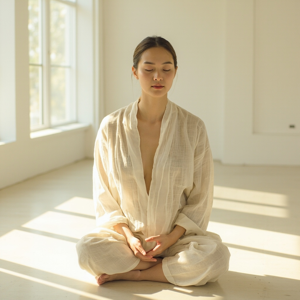 A calming, minimalist photograph of a person practicing mindful breathing in a bright, airy space with soft natural light, representing the harmony between body and mind.