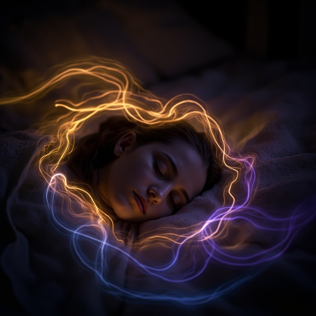 A calming, ethereal image of a person peacefully asleep in a dimly lit, cozy room, with soft, glowing light patterns representing harmony and balanced energy fields around them.