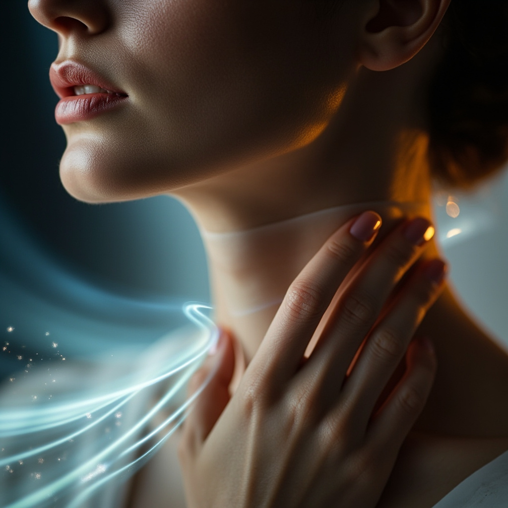 A soft, artistic close-up of a person gently touching their throat, surrounded by subtle, flowing light waves representing resonance and calm, high quality, professional photography.