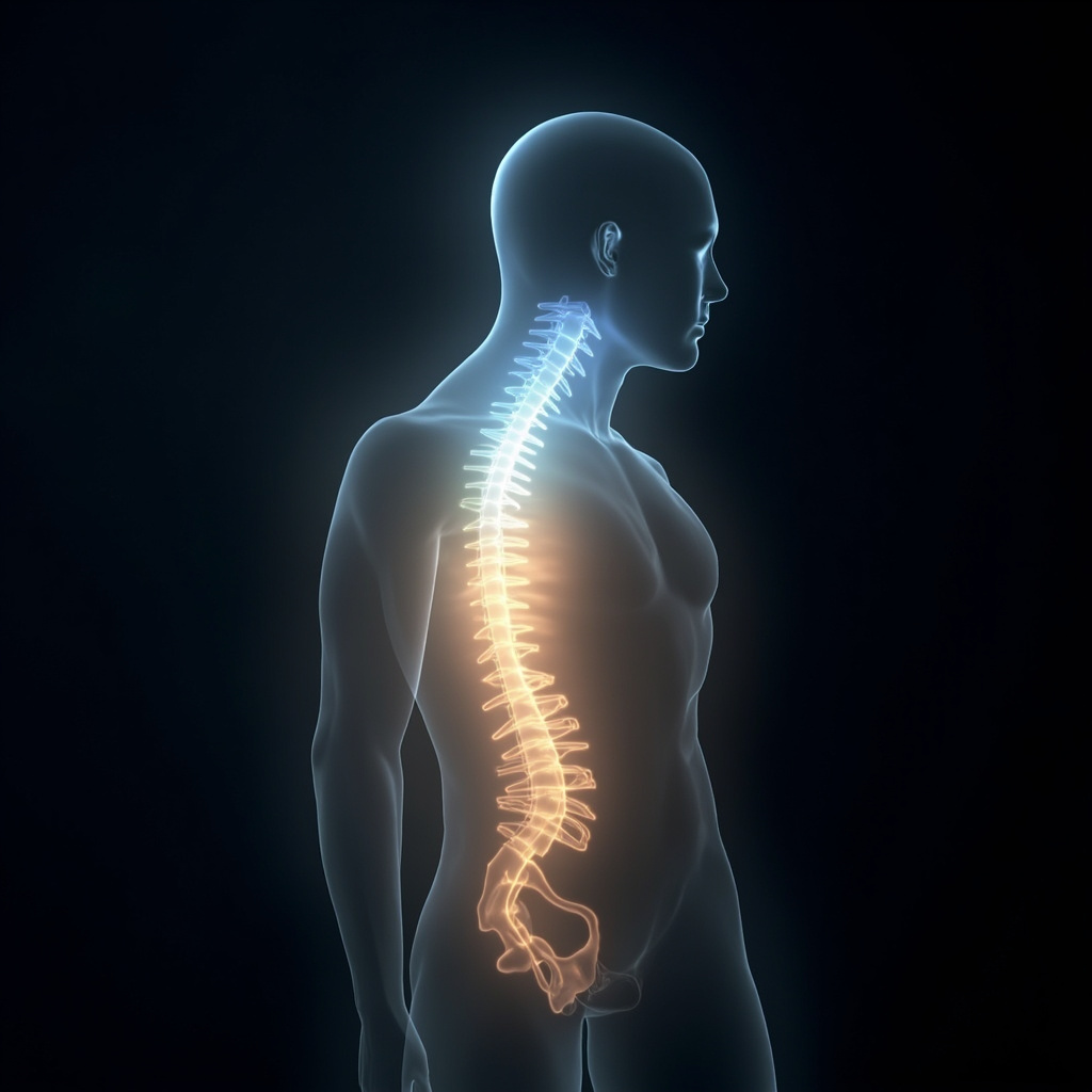 A calm, glowing silhouette of a human body with soft, harmonious light waves flowing along the spine, representing nervous system balance, professional and serene style.