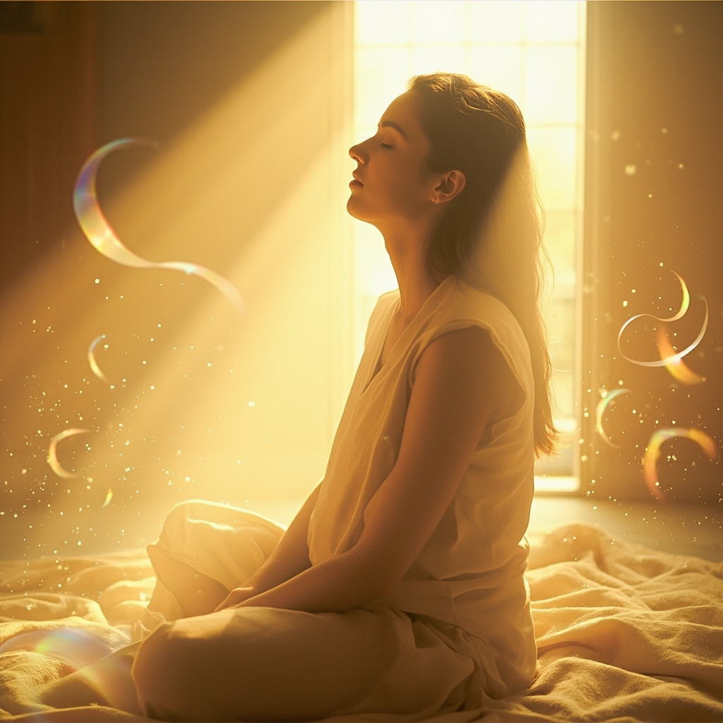 A soft, calming image of a person sitting in a quiet, sunlit room, looking peaceful and refreshed, with subtle, ethereal light patterns around them representing internal balance.