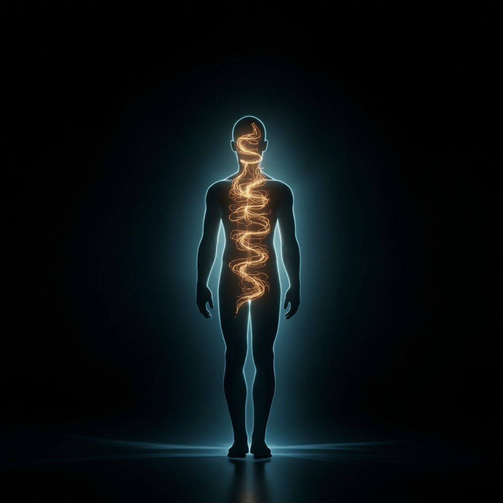 A high-quality, calming image showing a soft, glowing light wave pattern resonating through a silhouette of a human body, representing electrical harmony and balance.