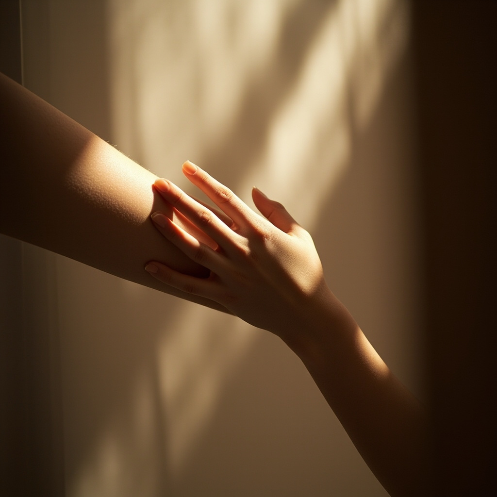 a high-quality, calming photograph of a person gently touching their forearm, with soft, natural morning light, representing skin sensitivity and emotional awareness, minimalist style