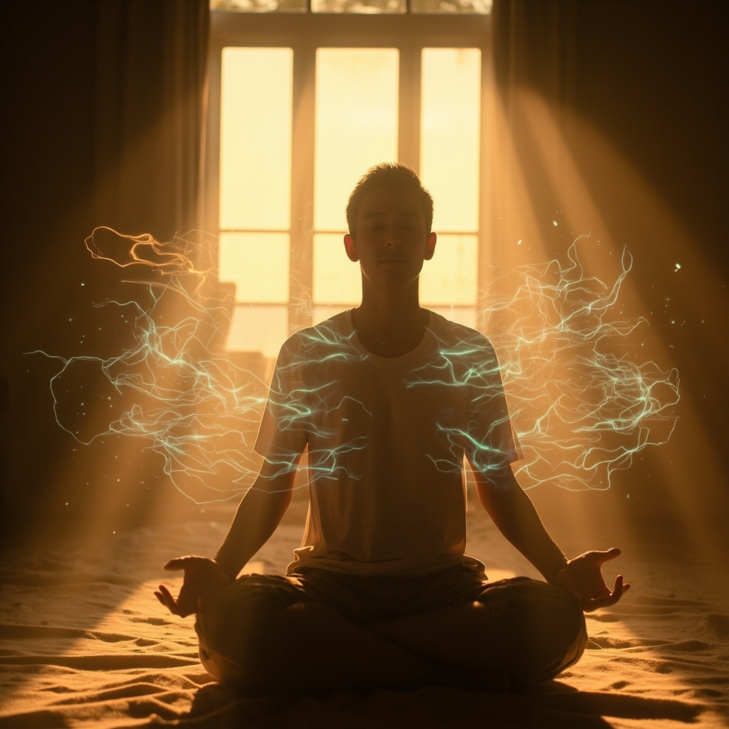 A serene, abstract digital art piece showing soft, glowing golden and blue light waves flowing through a human silhouette, representing internal electrical harmony and calm.