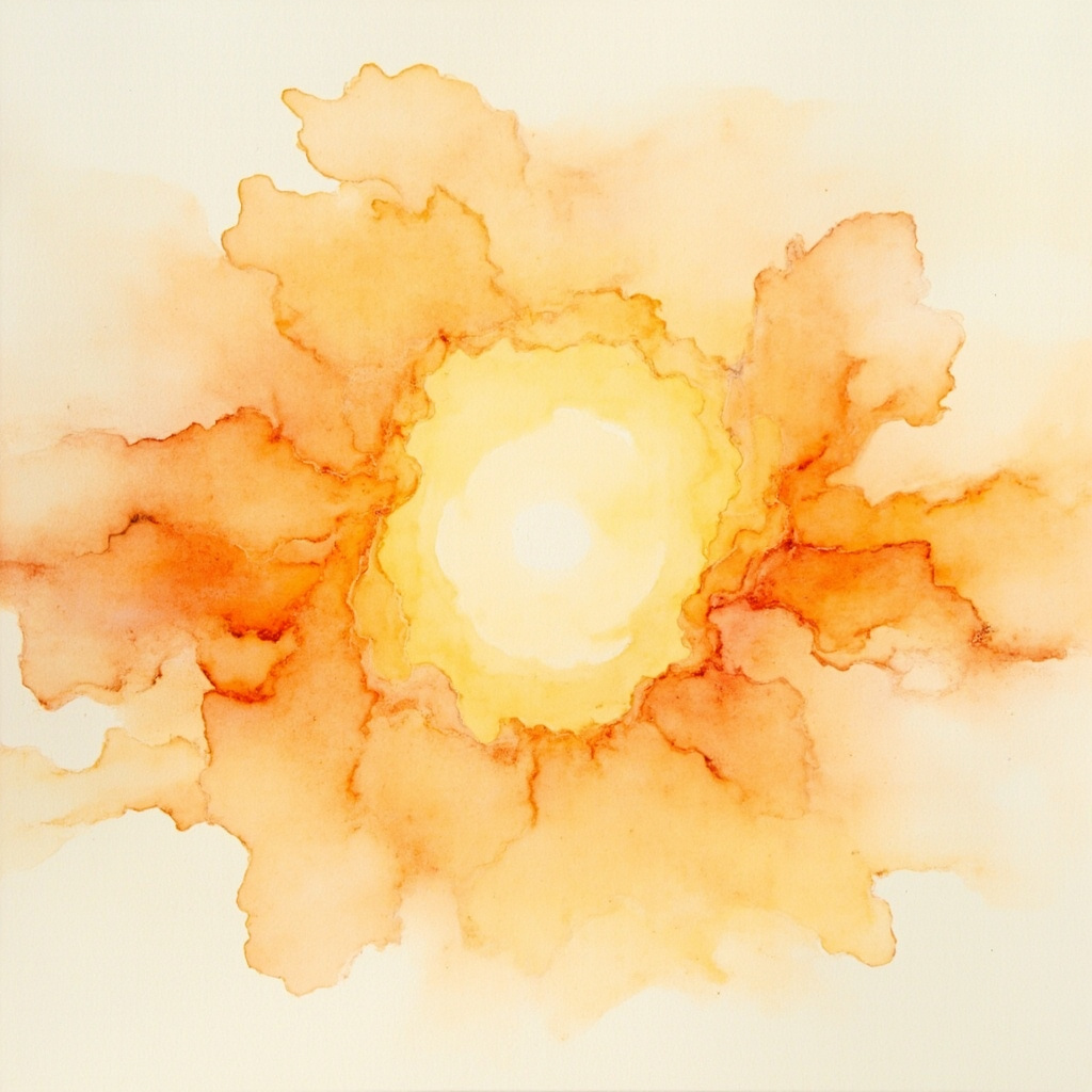 A gentle, flowing watercolor painting in soft orange and warm sunset tones, representing a balanced and radiant energy center, minimalist and calming.