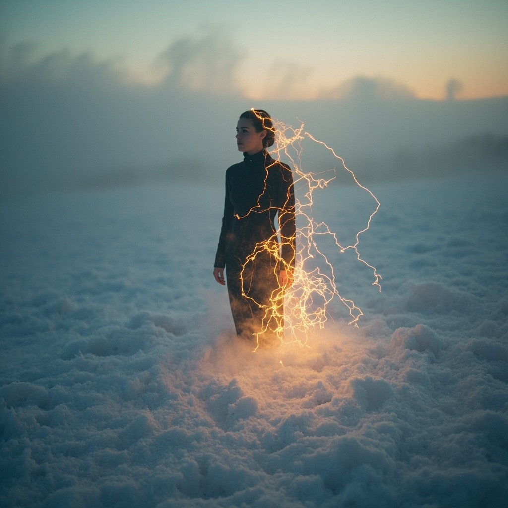 A serene, artistic image showing a silhouette of a person standing in a soft, glowing winter landscape, with subtle, golden electrical light patterns flowing through their body to symbolize internal harmony and warmth.