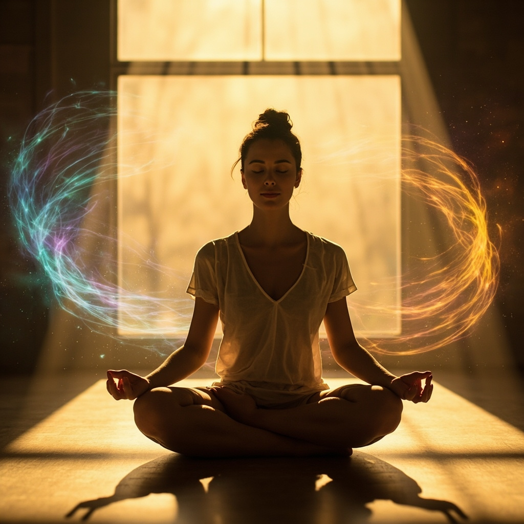 A calming, high-quality image of a person sitting in a sunlit room, practicing mindful breathing, with soft, abstract light patterns surrounding them to symbolize bio-electrical harmony.