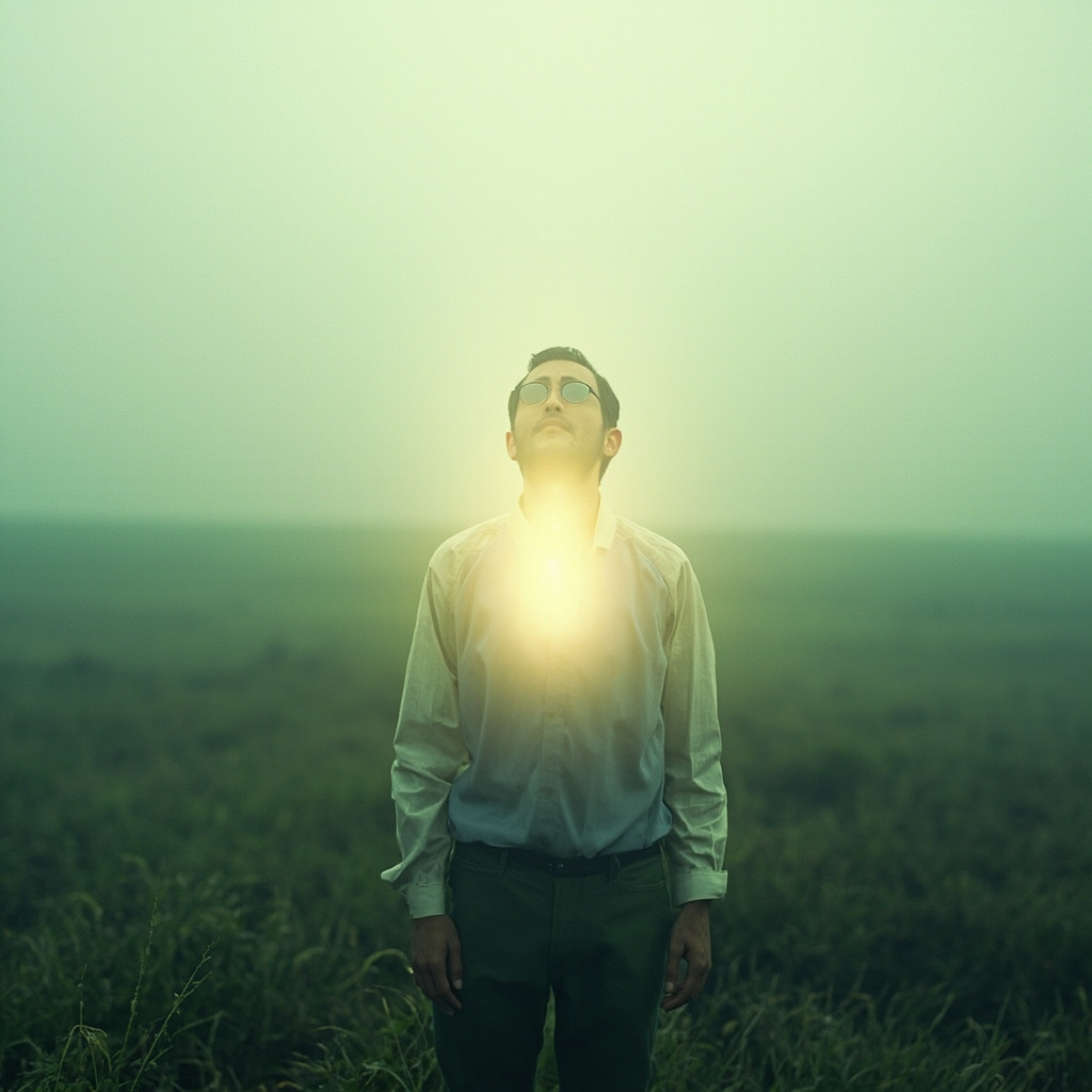 A calming, artistic image of a person standing in a wide, open landscape, with soft, glowing light surrounding the chest area, symbolizing clarity and easy, deep breathing.
