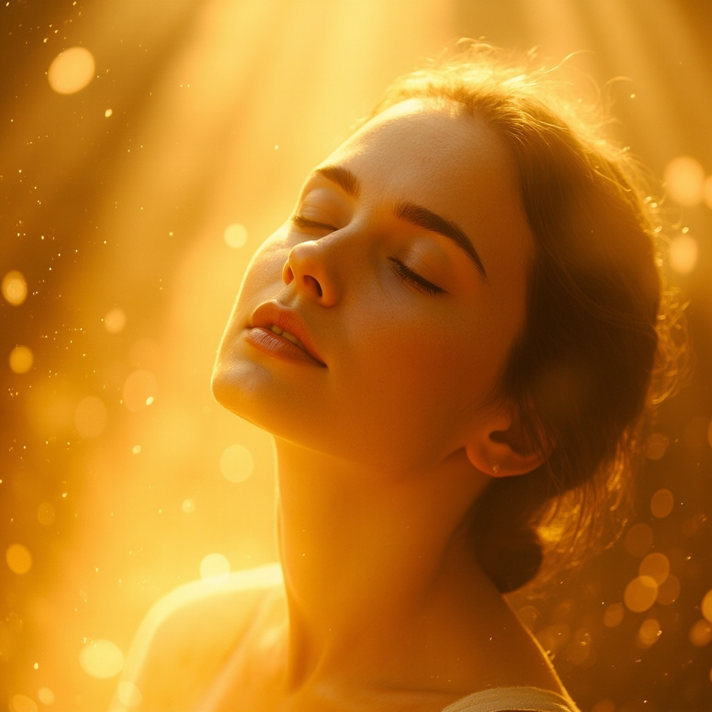 A high-quality, serene photograph of a person softly closing their eyes, with a warm, golden light surrounding them, symbolizing inner clarity and perception.