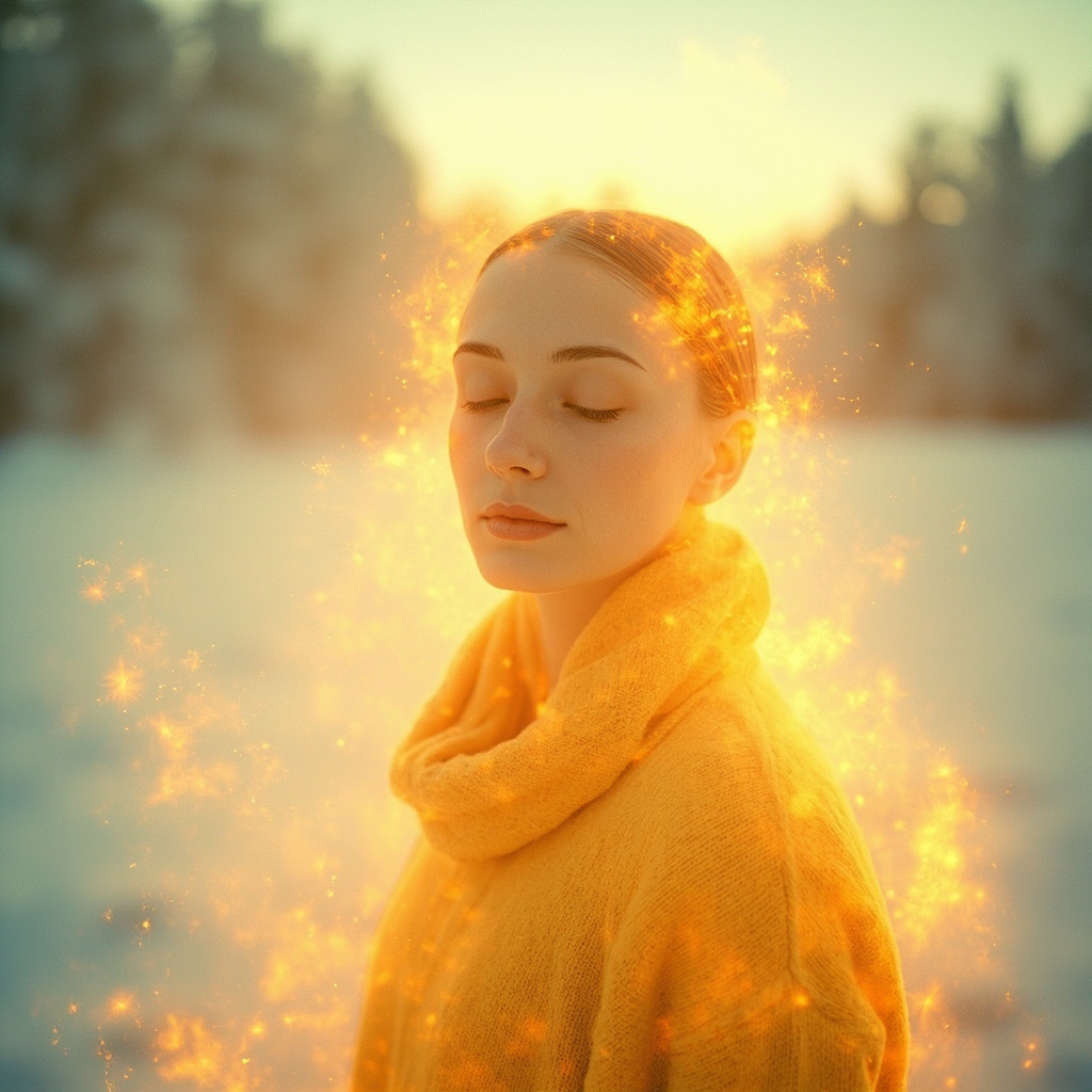 A serene, artistic image showing a person standing in a soft, golden light while a winter landscape is visible in the background, symbolizing inner warmth and energy.