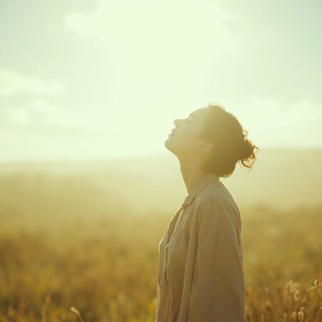 A high-quality, serene image of a person standing in an open, airy space, taking a deep, calm breath, with soft natural light, symbolizing openness and emotional freedom.