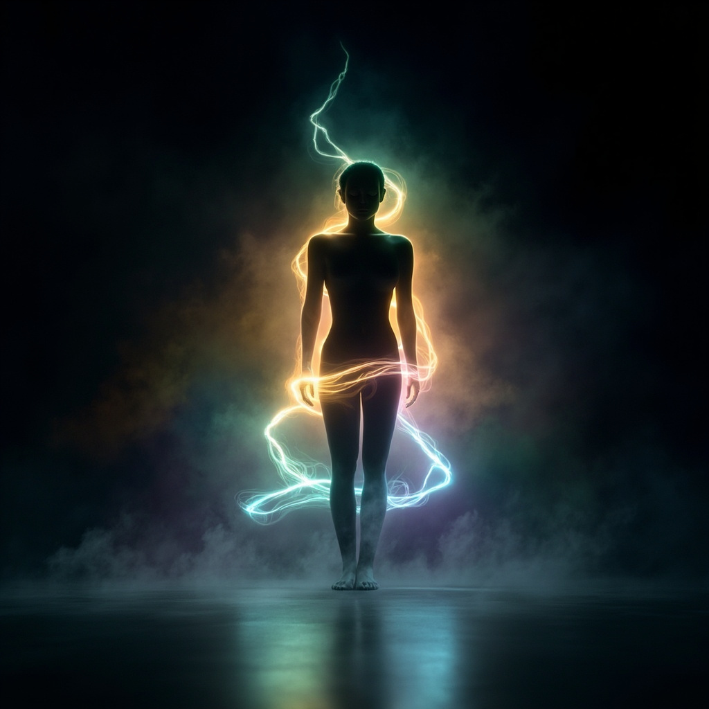 A serene, abstract digital art piece showing glowing, harmonious light waves flowing through a human silhouette, symbolizing the balance of body and mind.