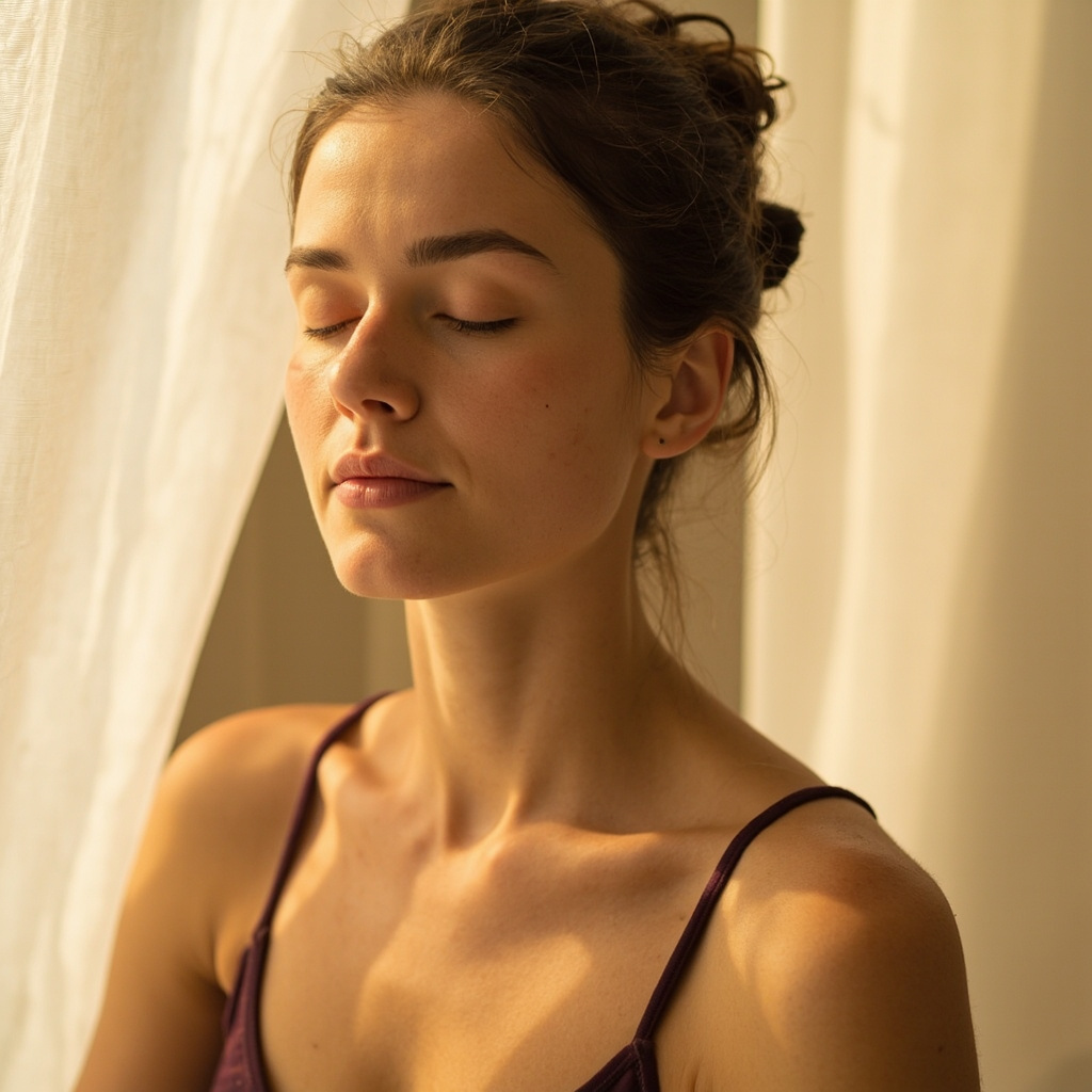 A high-quality, serene photograph of a person practicing mindful breathing in a soft, natural light, symbolizing inner peace and skin health.