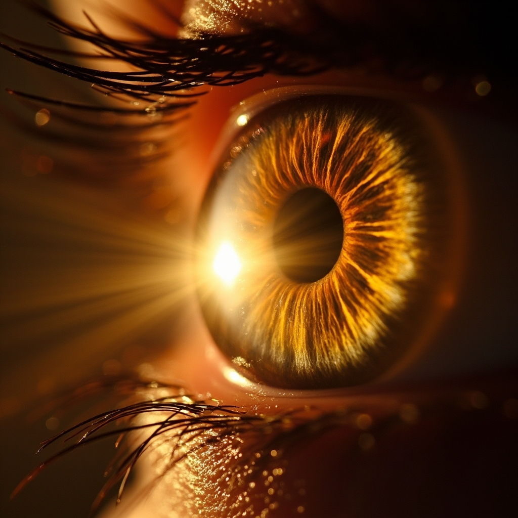A soft-focus, artistic photograph of a human eye with golden light radiating from the center, symbolizing clarity and insight.