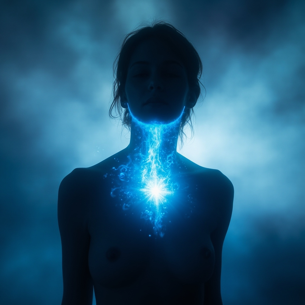A soft, ethereal image showing a glowing blue light centered at the throat area of a human silhouette, symbolizing clarity and energy flow.