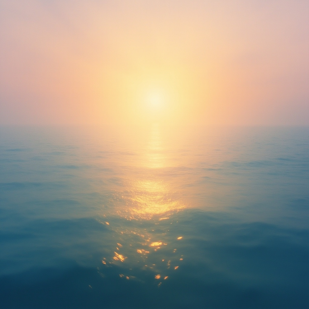 A serene, abstract image of a sunrise over a calm ocean, symbolizing transition, warmth, and the gentle arrival of a new, balanced cycle.