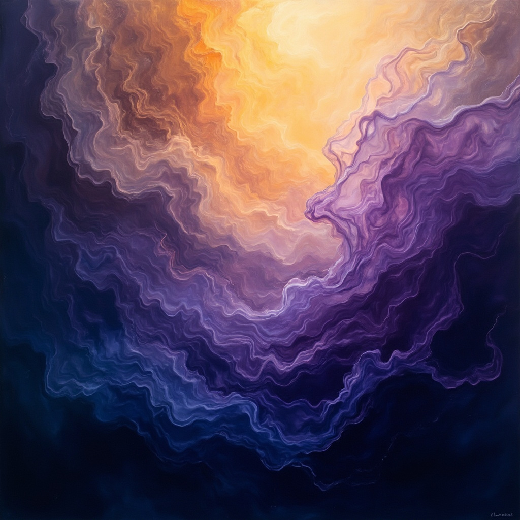 A soft, abstract image showing a gentle flow of light transitioning from deep blues and purples into warm, golden amber tones, representing the shift from tension to clarity.