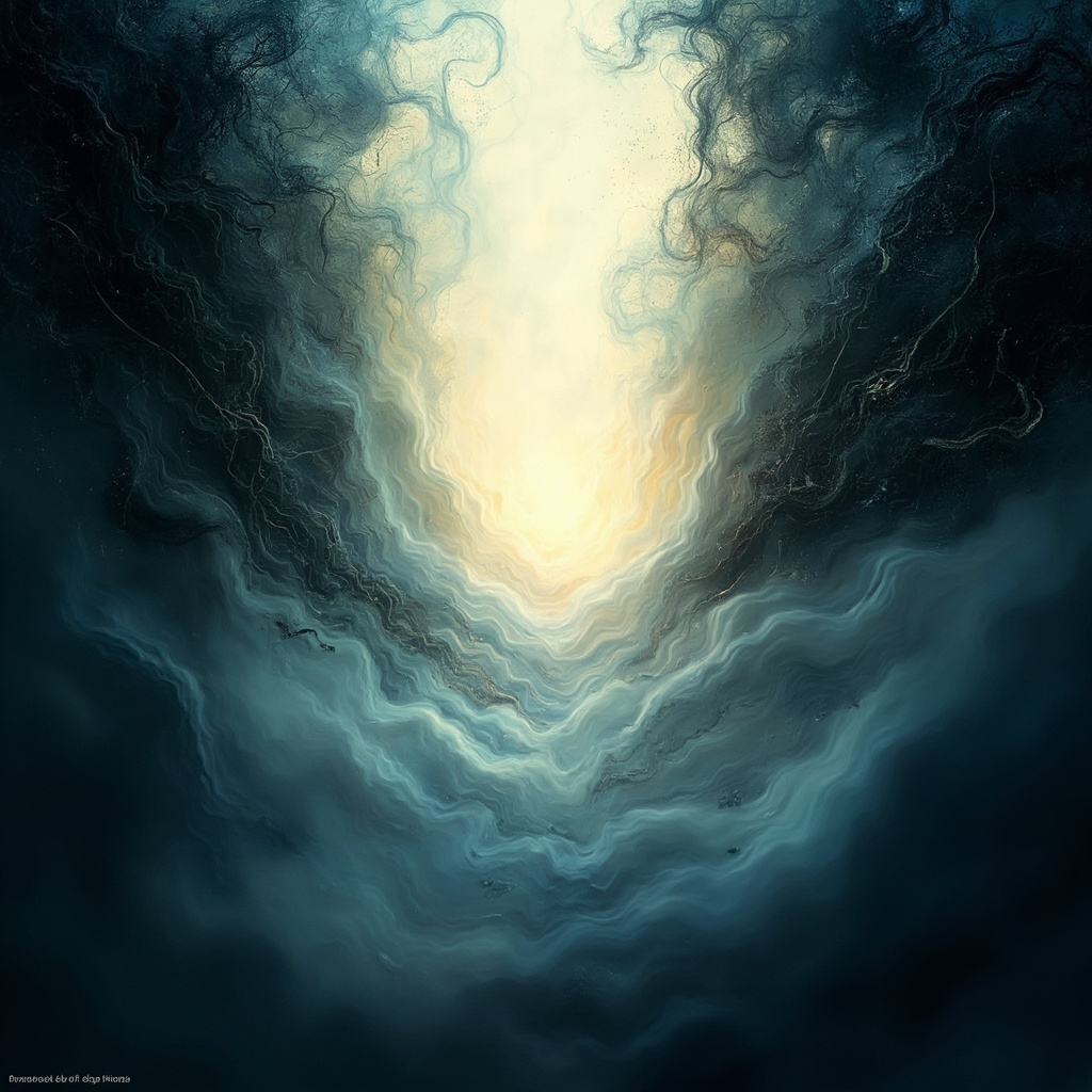 A serene, abstract image showing soft, flowing light patterns transitioning from dark, cluttered textures to a clear, luminous, and balanced center, representing the restoration of inner safety.