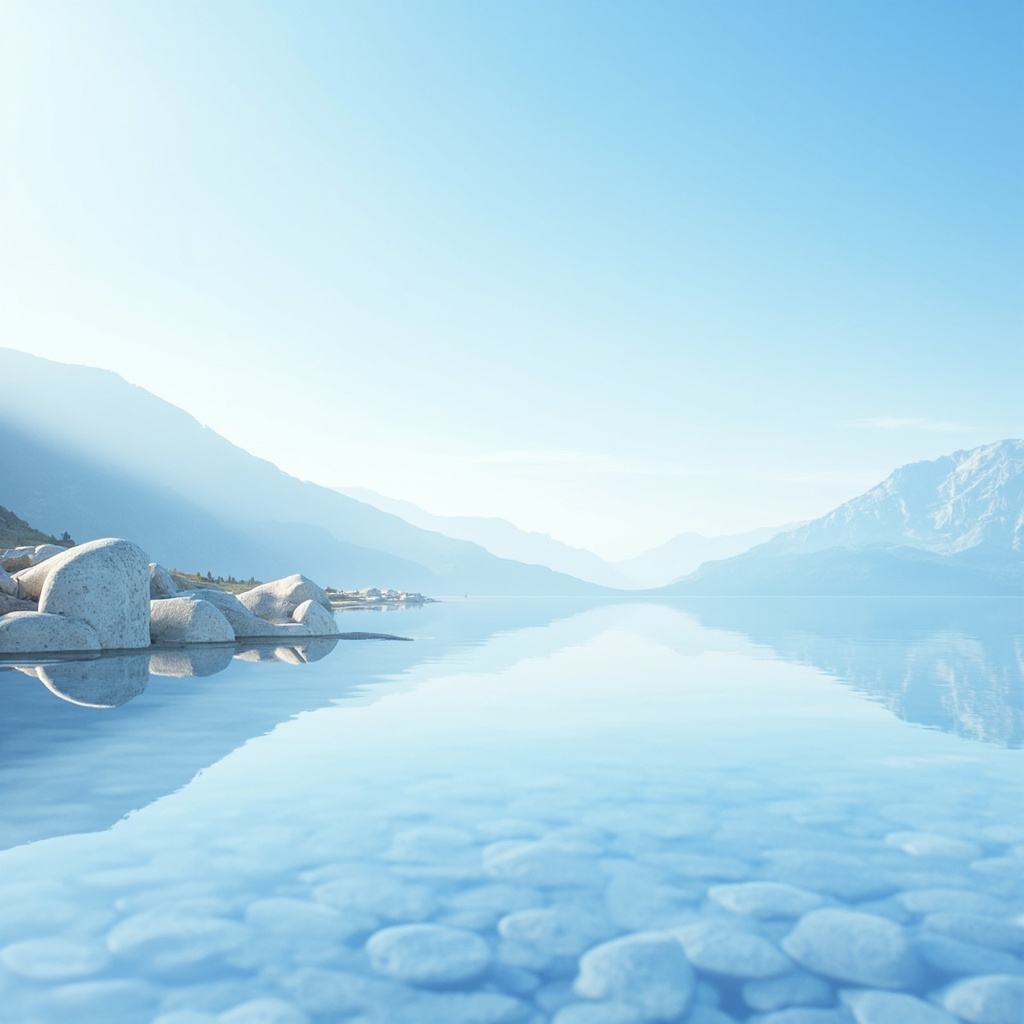 A serene, minimalist image of a calm, clear mountain lake reflecting a bright, open sky, symbolizing transparency, clarity, and inner integrity.