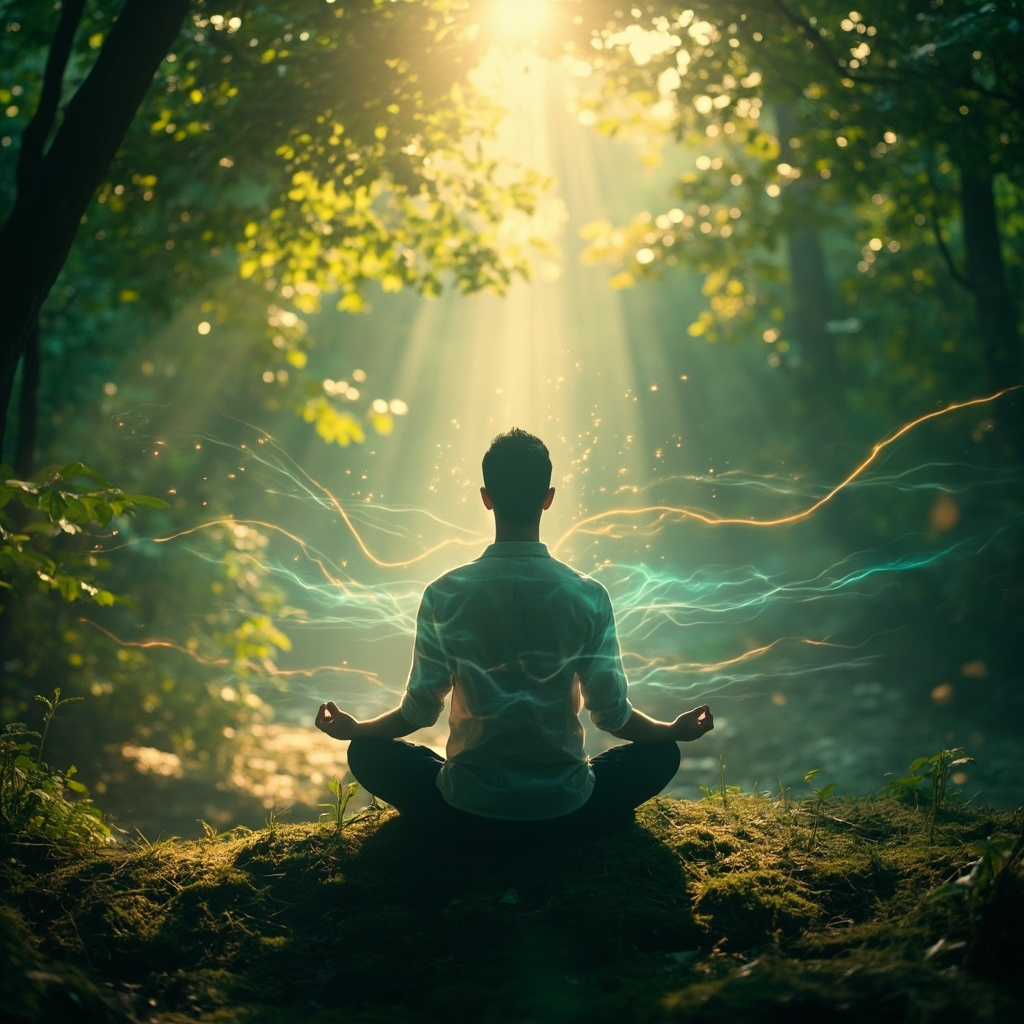 A calming, high-quality image of a person sitting in a peaceful, natural environment, with a subtle, abstract visualization of light and frequency waves surrounding them to represent internal harmony.