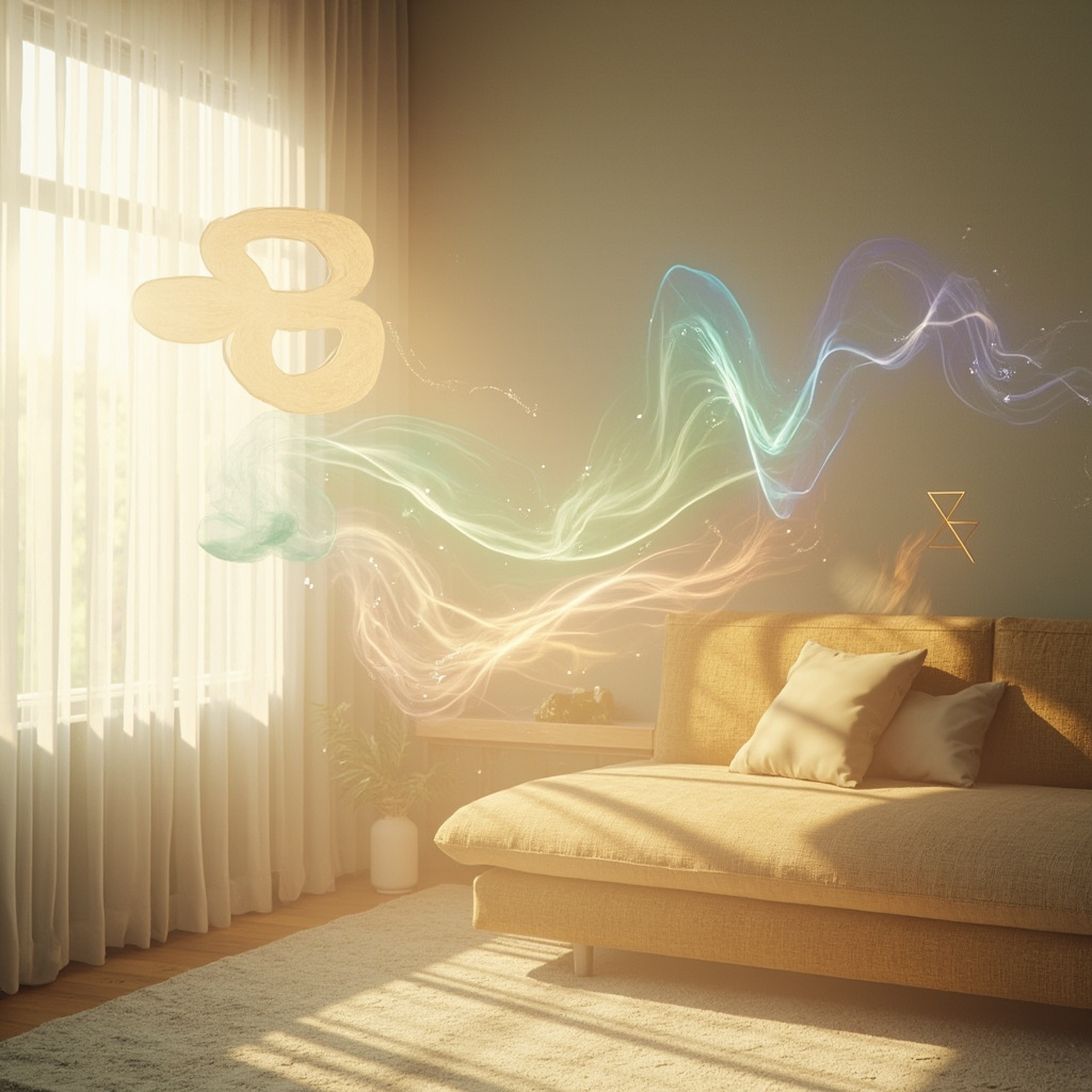 A calming, abstract visualization of human energy fields interacting with gentle, earthy geometric patterns in a serene living space.