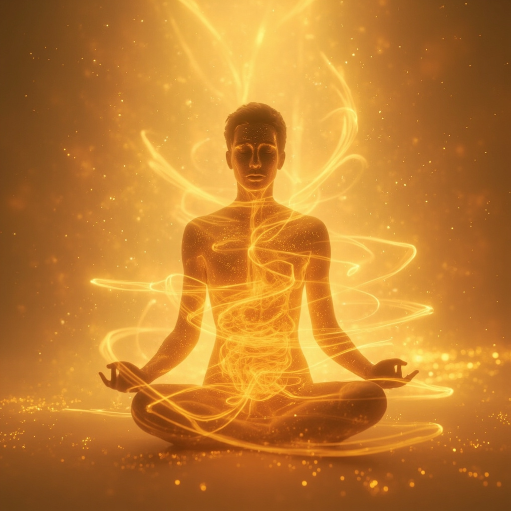 A serene, abstract visualization of flowing golden energy patterns intersecting with a calm, balanced human silhouette, representing the harmony between gut health and emotional peace.