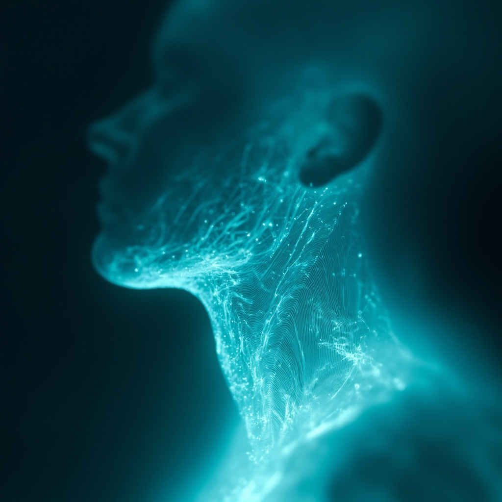 A serene, abstract visualization of light frequencies resonating around a human neck and throat area, glowing with soft blue and turquoise hues, high resolution, professional photography style.
