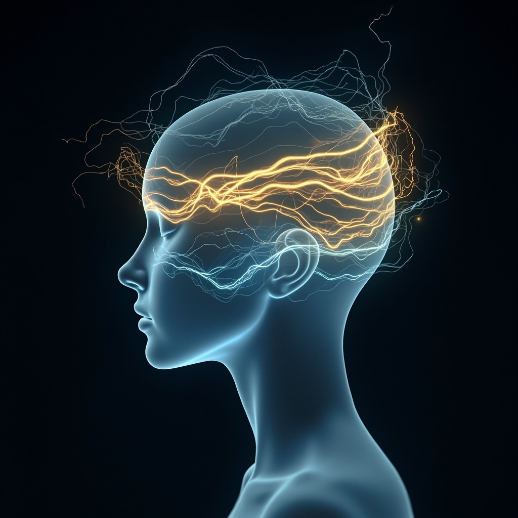 A serene, abstract visualization of light waves and gentle electrical pulses flowing through a calm, meditative silhouette of a human head, soft blue and gold colors, high quality, professional photography style.