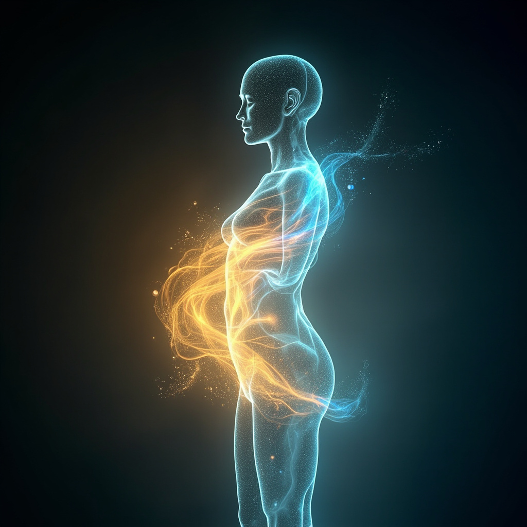 A serene, abstract visualization of glowing golden and blue energy waves flowing through a human silhouette, focused on the abdominal area, professional and calming style.