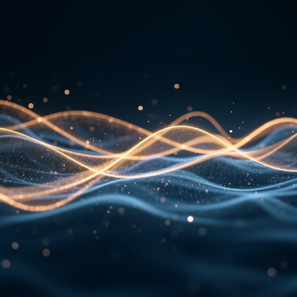 A serene, abstract digital visualization of a calming, rhythmic wave pattern representing electrical harmony, soft blue and gold light tones.
